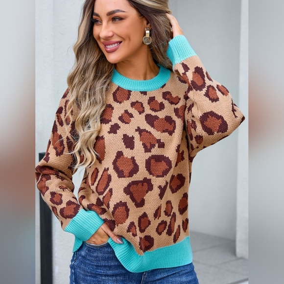 Angel Wings Sweaters - Angel Wings Leopard Round Neck Long Sleeve Sweater